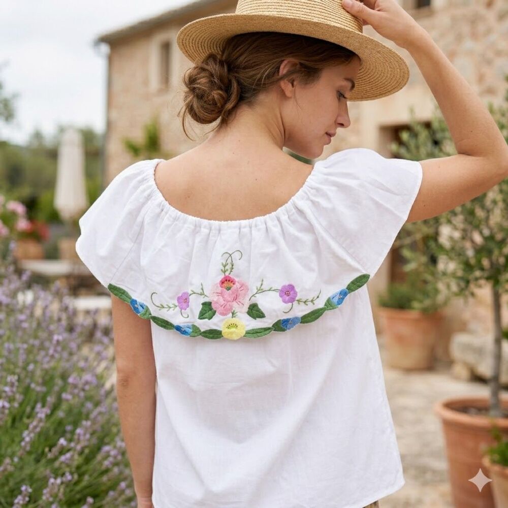 Hand Embroidered White Cotton Blouse Two-Sided Floral Off Shoulder Boho Top